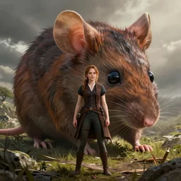 katniss everdeen standing in front of a giant mouse, digital art by greg rutkowski, artstation