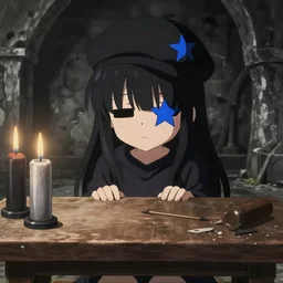 1 3 - year - old anime girl with black hair, hair covering eyes, eyeless, bangs over face, wearing black beret, blue star, paris catacombs, underground catacombs, molotov cocktails, table, carpenter's table, dark shadows, sharp details, subsurface scattering, intricate details, anime, anime hd wallpaper, 2 0 1 9 anime screenshot