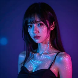 beautiful japanese cyborg with led projection skin, neon lighting, portrait photo