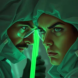 scientist, close up, they look at us, glowing green tubes, look of disdain! on their face, highly detailed, film still, artstation, concept art, smooth, sharp focus, illustration, art by artgerm and greg rutkowski and alphonse mucha