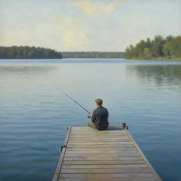 a lonely man fishing on the docks of a massive lake. painting by taras susak