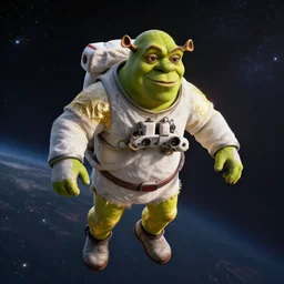 shrek in astronaut suit with gold linens, floating in outer space, cinematic lighting, dramatic,  octane render, long lens, 8k, hyper detailed