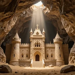 The royal castle of a sacred family found in a large sand cavern. A ray of light shines from above through a crack in the rocks. Concept art, trending on artstation