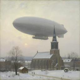 a painting of large airship over a city church in winter, pale sun, mist, oil on canvas, by carl larsson