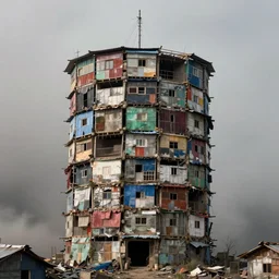 circular towers, made up of makeshift squatter shacks with faded colours, apocalyptic sky, misty, dystopia, mamiya rb 6 7, fully frontal view, ultra sharp, very detailed, photographed by julie blackmon