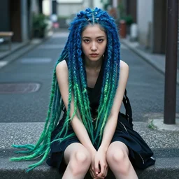 concept art, pretty girl sitting on street, long dreadlocks blue and green, singular, junichi higashi, isamu imakake, intricate, balance, ultra detailed, full far frontal portrait, volumetric lighting, cinematic lighting + masterpiece,