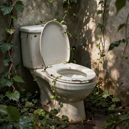 post apocalyptic toilet, vines growing, deteriorated, neglected