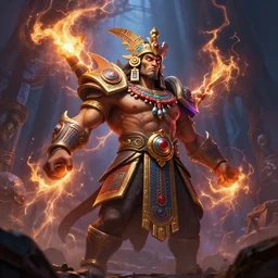 high fantasy aztec god of thunder designed by Greg rutkowski, league of legends splash art, fantasy, 4k, CG render, octane, insanely detailed,