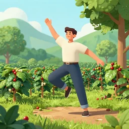 editorial illustration of a coffee farm, octane render, vray, dynamic pose, detailed, matte print, grainy light, ( ( dot shaded ) ), risograph, high contrast, screen print