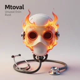 An album cover, fire, mask, stethoscope!!, 3d render, ((robot)), (unreal engine), (rust), photograph, portrait, painting, (((((forest)))))
