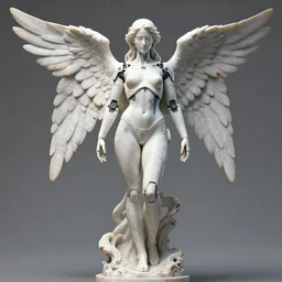a bloody statue made of white marble, of an gorgeous futuristic cybernetic angel girl, prostheses, transhumanism, full body shot, perfect symmetrical body, perfect symmetrical face, hyper realistic, hyper detailed, by quentin tarantino by johannen voss, by michelangelo, octane render, blender, 8 k