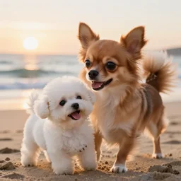 a photorealistic closeup image of a cute brown colored long haired chihuahua cocker spaniel dog playing with a happy white bichon frise puppy on the beach. sunset, surf. brightly lit. extreme detail. nice composition. 4 k hd unreal engine