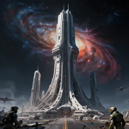 cinematic scifi render of a 3 d sculpt of a cyberpunk john harris'aircraft carrier tower'megalithic tower structure city in space, beeple, halo, star wars, ilm, star citizen, halo, mass effect, high tech industrial, artstation unreal, dramatic powerful nebula
