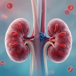 two biological human kidneys, type o + blood, red blood cells, working, 8 in, cellular division, arteries