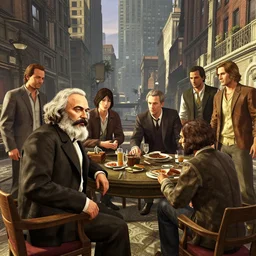 highly detailed, karl marx meeting with nietzsche in new york, gta v, stephen bliss, unreal engine, fantasy art by greg rutkowski, loish, rhads, ferdinand knab, makoto shinkai and lois van baarle, ilya kuvshinov, rossdraws, tom bagshaw, global illumination, radiant light, detailed and intricate environment