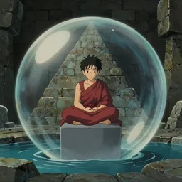 pov hyperrealist, dull colors, interior shot from howls moving castle 2 0 0 4 of a gret monk meditating on a grey cube inside a cubic bubble in a flooded stonehenge pyramid. bubble.