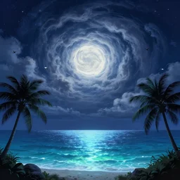 harmony of swirly clouds, night sky, glowing ocean, palm trees, birds, marco bucci, wlop! fantasy art cfg _ scale 9