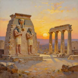 trending on artstation, a beautiful Sumerian ruins during sunset, oil on canvas