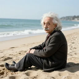 Albert Einstein sat on a beach relaxing