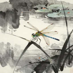 a japanese style sumi - e, ink art, depicting a dragonfly on a blade of grass in a peaceful pond. delicate ink brush.