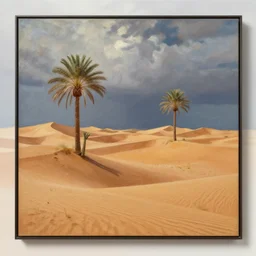 a painting of oasis in desert, dramatic lighting