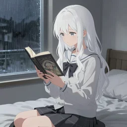 a girl in a jk uniform outfit in the bedroom reading a book in a night, raining outside the window, grey theme ， wavy white long hair, by krenz cushart and mucha and akihito yoshida and greg rutkowski and makoto shinkai, detailed eyes, 4 k resolution