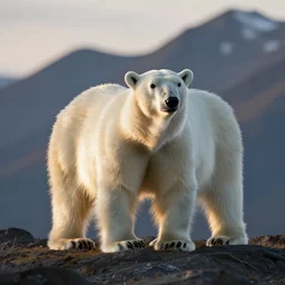 a beautiful photo of a polar bear on a mountain, hyper realistic, natural light, concept art, cozy, atmospheric and cinematic lighting