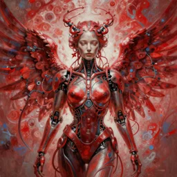 a beautiful painting a portrait of cyborg angel, wires and vines, fractal, symetrical scene, symetric character, trending in artstation, octane render, red, 8 k, by peter mohrbacher, zaha hadi