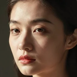 close up photo portrait Liu Wen, beautiful face, no body, photoshoot, real-life skin, skin care, light makeup, faint red lips, slicked back hair, diffuse lighting,