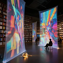 library with curved translucent screens projecting detailed art ( 2 0 4 2 ), large colorful images, pixel perfect photograph, high contrast, volumetric lighting, thin glowing lights, chair, users, pair of keys