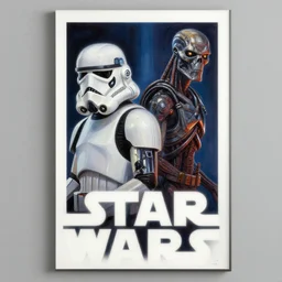 1 9 8 6 poster for star wars meets terminator. oil on canvas. print.