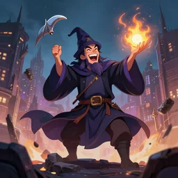 a wizard that looks like an average person destroying a city with magic while laughing, high quality digital art trending on artstation