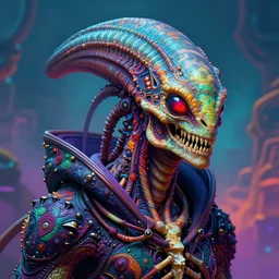 a psychedelic portrait of omin dran skeletal mind flayer reptile, vibrant color scheme, highly detailed, in the style of romanticism, cinematic, artstation, moebius, greg rutkowski
