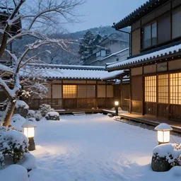 snowy japanese courtyard illuminated by street lamps, high resolution photograph