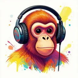 colorful illustration of monkey in headphones, colorful splatters, by andy wrahol, by zac retz, by kezie demessance