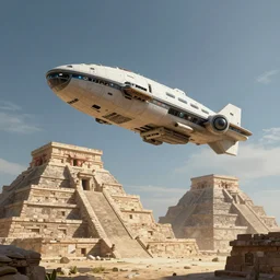 Spacecraft landing on an aztec temple. Highly detailed epic sci-fi fantasy artwork by Sylvain Lorgeou. Trending on artstation