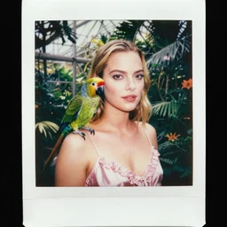 grainy head to shoulder portrait Polaroid film photograph of Margot Robbie wearing a pink night gown with a very detailed parrot on her shoulder!!! in a tropical greenhouse. looking at the camera!!. super resolution. Extremely detailed. Polaroid 600 film. art by James Gurney.