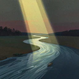 abstract, illustration by karolis strautniekas and mads berg, melting into rivers, colorful, fine texture, detailed, muted colors, film noir, dramatic lighting, dynamic composition, vivid, matte print, wide angle, ( ( sunbeams ) ), moody, stippled light, geometric
