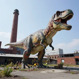 williamsburg, brooklyn, domino sugar factory, abandoned dinosaurs walking around ultra realistic hd