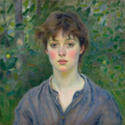 portrait by claude monet!! of a woman!! looking at us, brown short hair, slight blush on face! forest!!!
