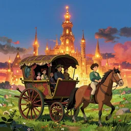 cart, horse, tower, glowing lights, epic fantasy, colorfully, digital art, highly saturated colors, concept art, detailed illustration, hd, 4 k, digital art, greg rutkowski, dan mumford, studio ghibli trending on artstation