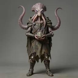 A detailed blue-eyed human with tentacles growing out of his head and with armored joints stands with a pebble in hands. Wearing a ripped mantle and boots. Extremely high details, realistic, fantasy art, solo, masterpiece, art by Zdzisław Beksiński, Arthur Rackham, Dariusz Zawadzki