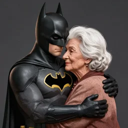 batman being hugged by a white haired grandma, highly detailed, 4 k, prize winning, heartwarming, trending on artstation