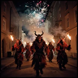 kodak portra 4 0 0, winter, hellfire, award winning dynamic photograph of a bunch of hazardous krampus by robert capas, motion blur, in a narrow lane in salzburg at night with colourful pyro fireworks and torches