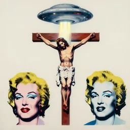bloody jesus christ crucified with a ufo of light right above his head painted by cy twombly and andy warhol