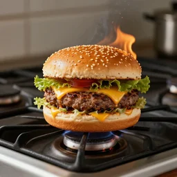 A burning burger on the stove