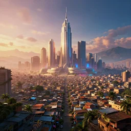 a film still from elysium by james paick - a modern architectural city overlooking african favelas below in the distance, vibrant, 5 0 mm lens, video game environment design, behance hd, studio, evening, dramatic lighting, cinematic, global illumination, deviant art, trending on artstation, bloom