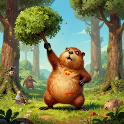 a beaver superhero throwing trees at his enemies, illustration by terry gilliam, super - resolution, hdr, detailed textures, kitschy