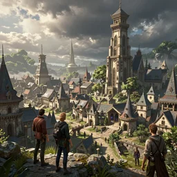 craig mullins and raymond swanland and james gurney and artstation detailed digital concept art of final fantasy town, cinematic composition, unreal engine, hyper realism, realistic shading, blender render, octane render, detailed textures, very wide shot