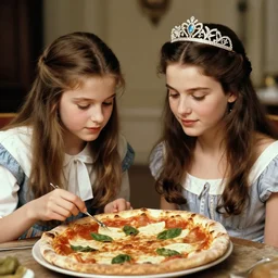sharing a pizza, young sophia loren, young queen margherita of italy wearing her tiara, smooth lighting, exquisit detail, masterpiece, timeless, 1 8 9 0 photo by letizia battaglia